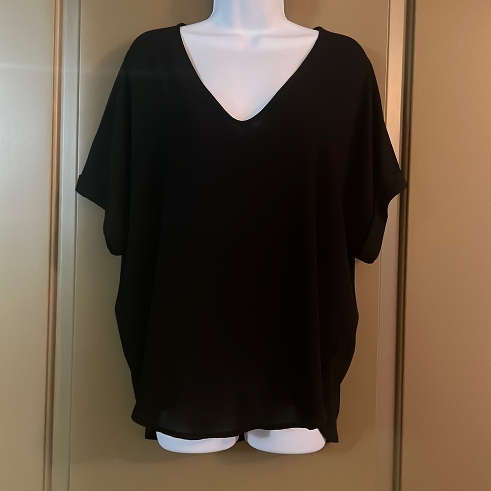 Blouse - short sleeve black blouse with cuff sleeve; oversized fit